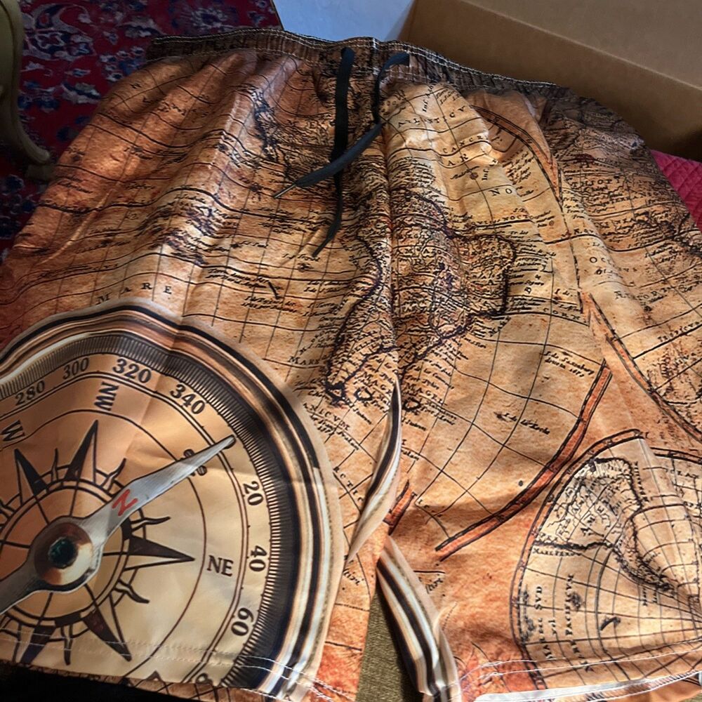 New Men’s 2XL Tan Orange Old World Map & Compass Swim Trunks Mesh Lined Pockets